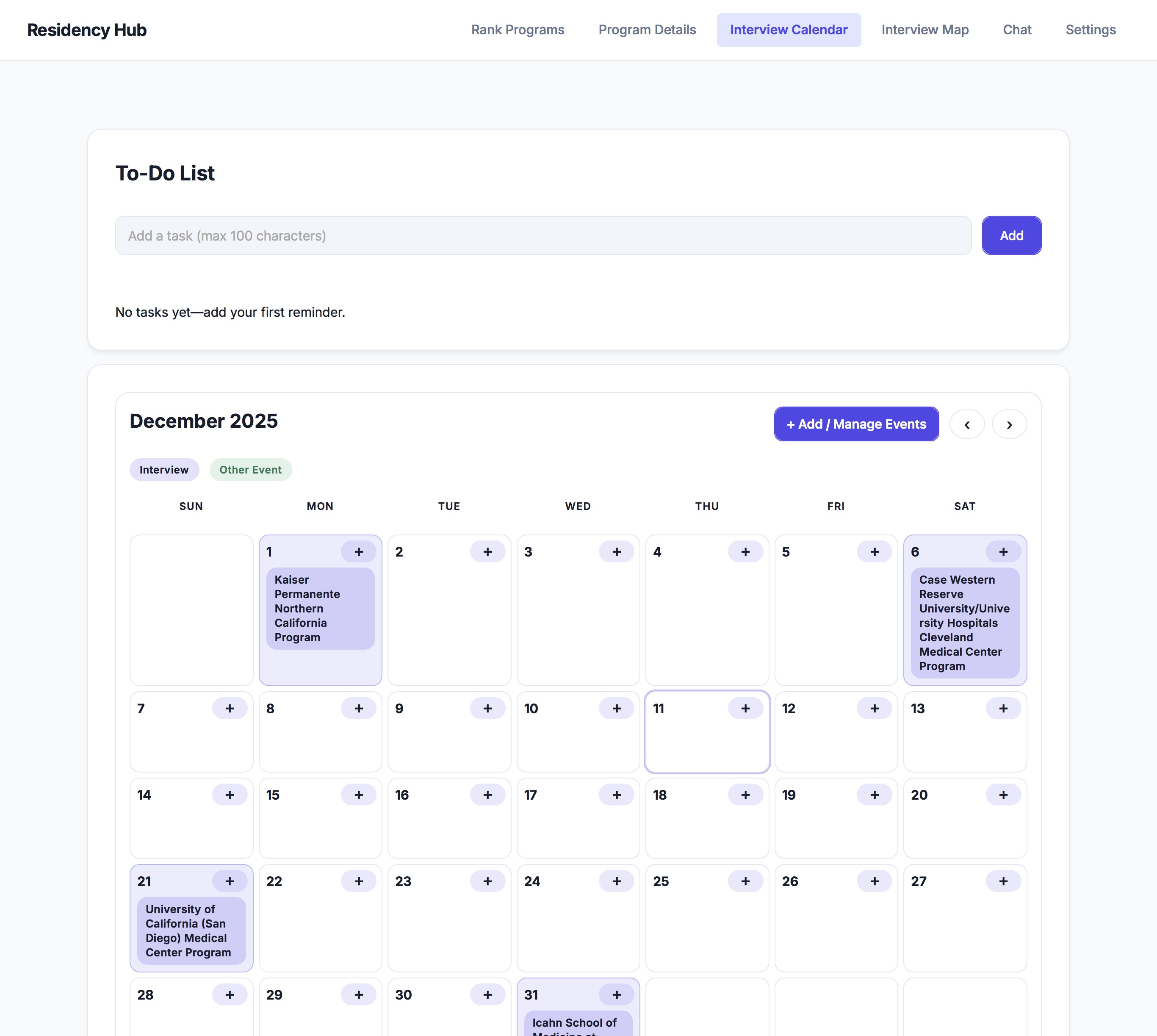 Screenshot of the Interview Calendar