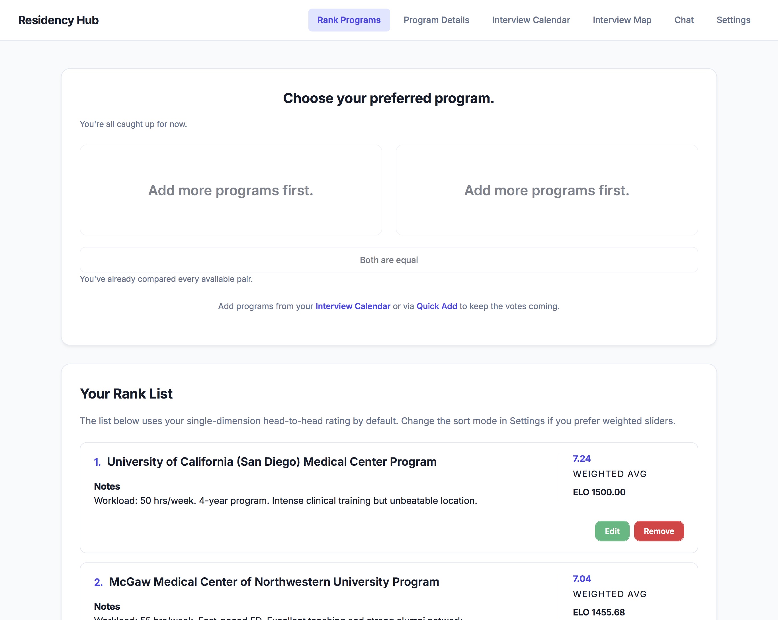 Screenshot of the Residency Hub dashboard showing rankings