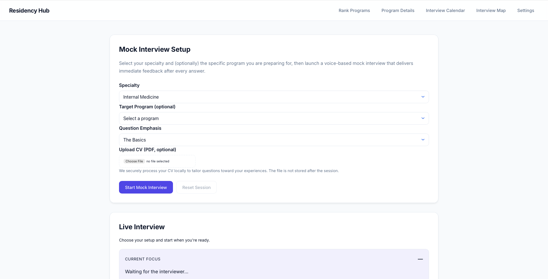 Screenshot of the AI Mock Interview interface